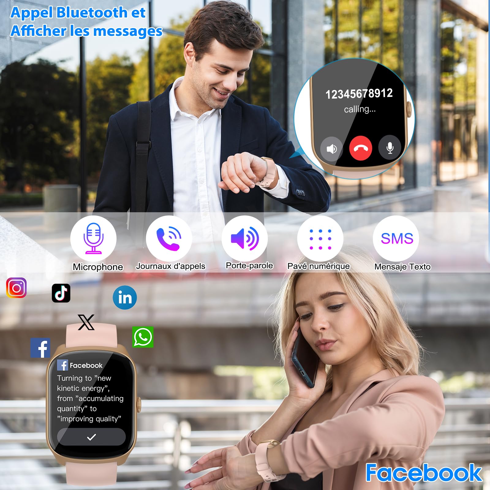 Montre Connectée Femme Homme, avec Appel Bluetooth, 1.95"HD Ecran Incurvé Smartwatch, 110+ Sportifs Montre Podomètre, Sommeil/Cardiofrequencemetre Montre Sport, IP68 Étanche pour Android iOS, Rose