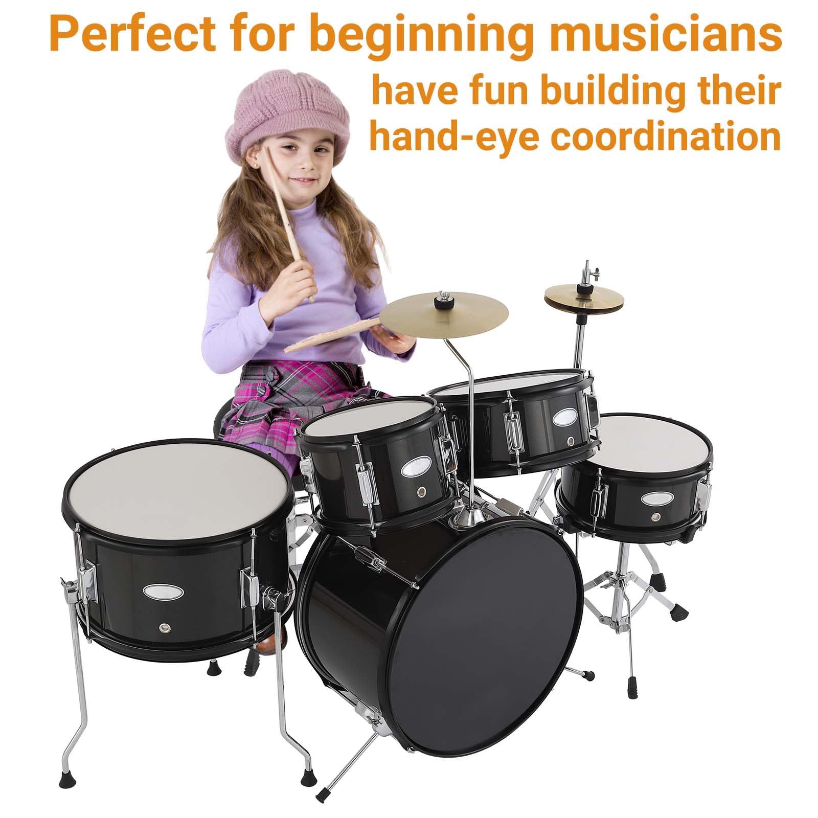 Juego de batería de 5 piezas – Kit de batería junior con Tom-Toms duales, Tom de suelo, caja y bombo, Hi-Hat, Platillo, pedal, baquetas y asiento, juego completo de percusión para principiantes para