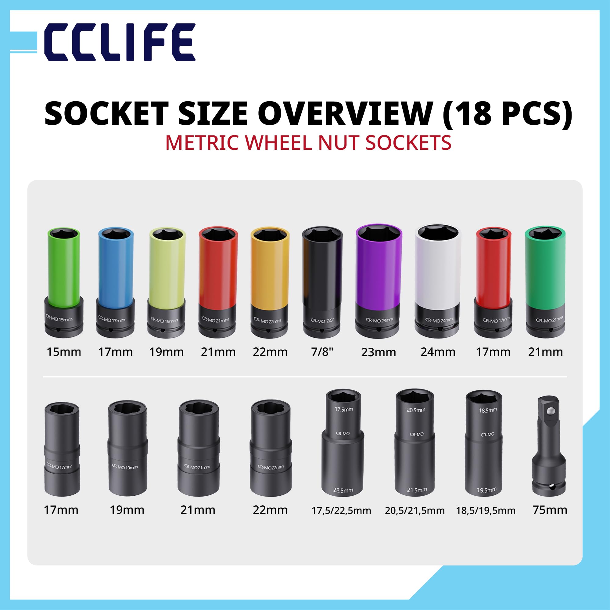 CCLIFE Set di 18 dadi per ruota da 1/2" – per Tesla, Mercedes, Hyundai – con protezione cerchione, acciaio Cr-Mo, codifica colore e funzione Twist