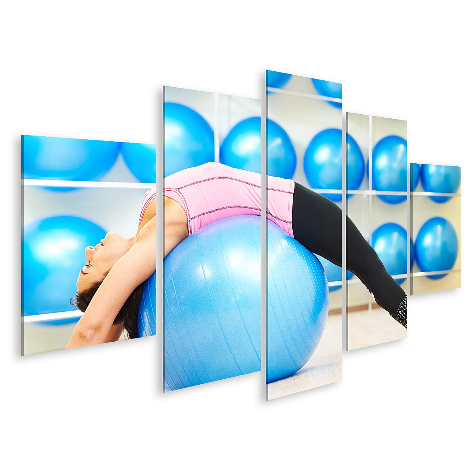 islandburner Tableau sur toile Femme faisant des étirements sur un ballon de fitness pendant des exercices de P Cadre Affiche Poster Murale Tableaux