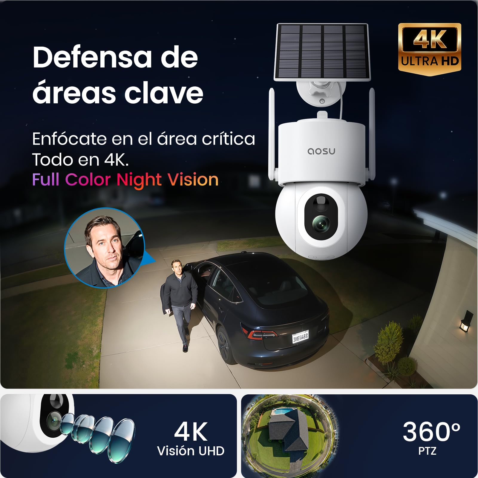 aosu Cámara Vigilancia Exterior Solar 4K 8MP UHD con batería, PTZ 360°, Panel Solar, WiFi, detección PIR, Auto Tracking, visión Nocturna Color, Audio 2 vías, Alarma IP65
