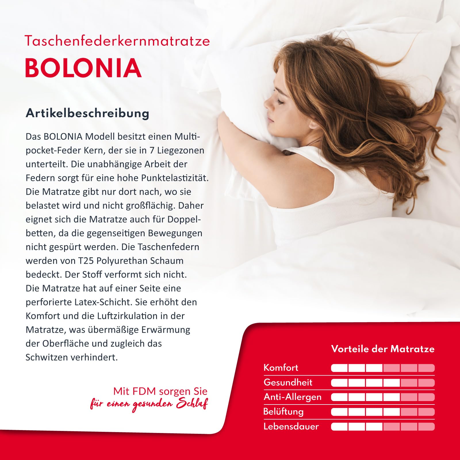 FDM Materasso BOLONIA 90x200 a molle insacchettate individuali e Lattice Altezza 18 cm 7 zone differenziate Rigidità H3 (Medio rigido) Reversibile Rivestimento sfoderabile e lavabile