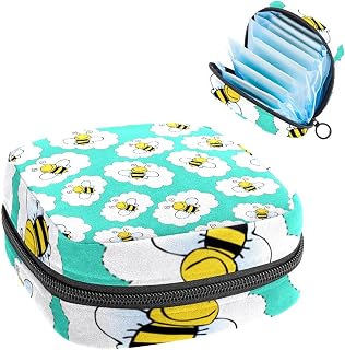 Period Pouch, Portable Tampon Storage Bag for Sanitary Napkins, Cute Bees Pattern, Multicolor, 4.7x6.6x6.6 in/12x17x17 cm