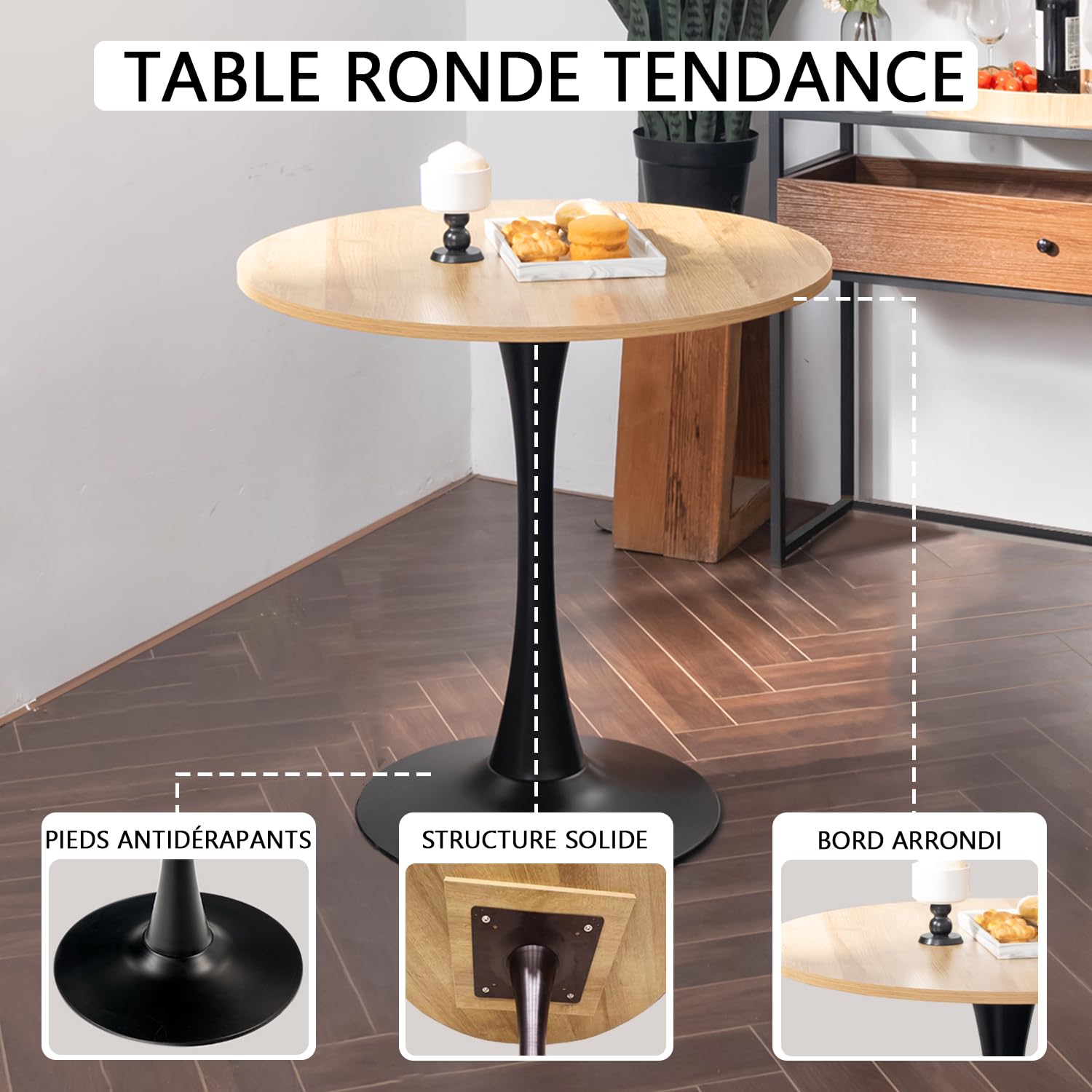FURNISH - Mesa de picnic redonda y resistente, fabricada en madera de ingeniería y metal, mesa de ocio sólida para picnic informal en el jardín y en la terraza