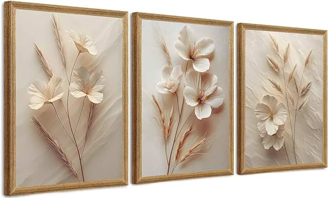 FYLDPSB 3Pcs Framed Neutral Beige Floral Canvas Wall art, Modern Simple ...