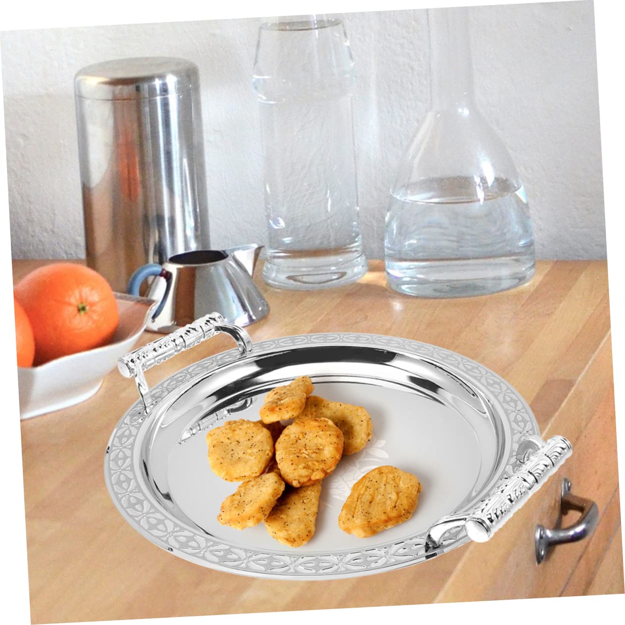 Vassoio Rotondo Decorato in Acciaio Inox e Plastica Argento