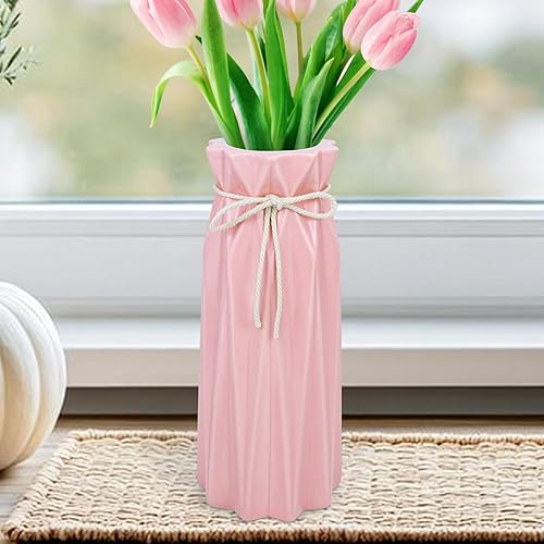 Florero de cerámica moderno para decoración del hogar para centros de mesa, color rosa, minimalista, granja, 9.5 pulgadas de alto x 3.9 pulgadas de