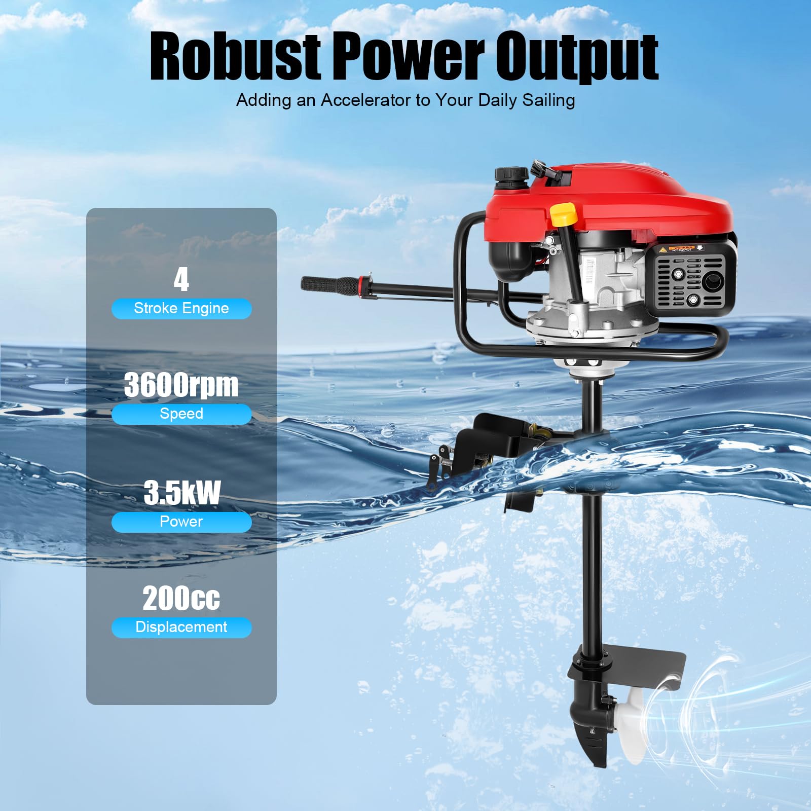 Motor fuera de borda de 4 tiempos, motor fueraborda de gasolina de 200cc, motor de barco de 3,5kW, motor de pesca, dirección de 360°, 3600 rpm