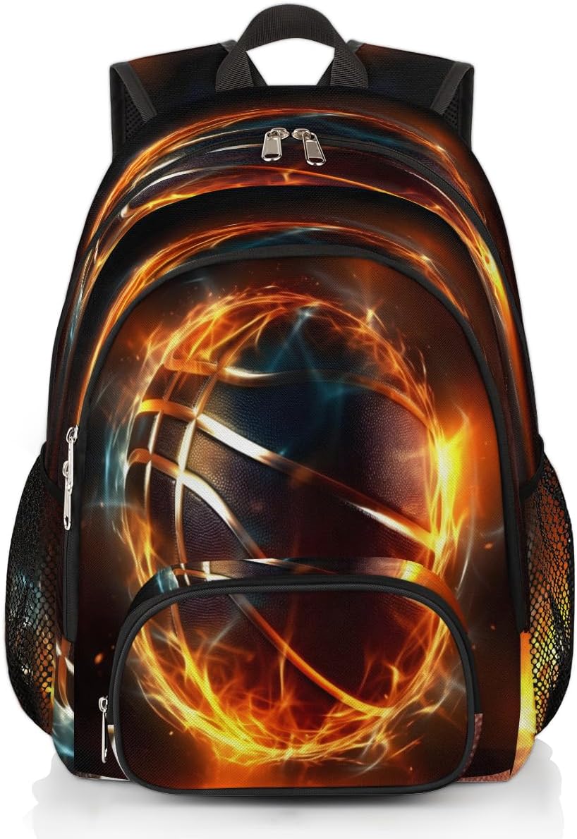 Flame Basketball Small Backpack for Women, Artistic Basketball Travel Backpack Carry On Backpack Waterproof Backpack Cute Book Bags With Chest Strap for Women Men