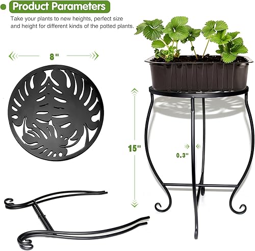 Miniatura 6 de Soporte de metal para plantas de 15 pulgadas de alto, soporte redondo de 8 pulgadas de ancho para maceta, soporte de plantas de hierro inoxidable