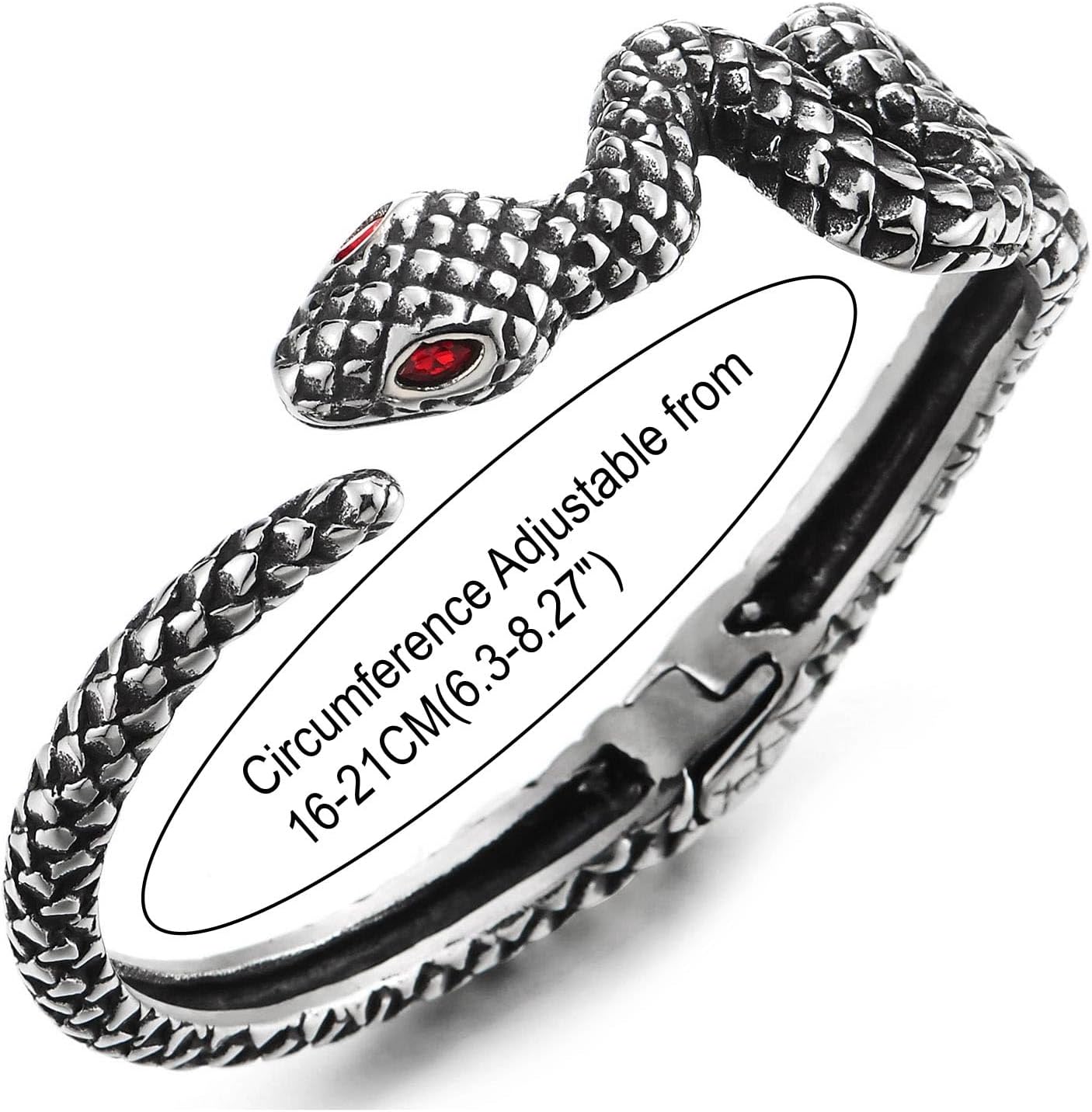 COOLSTEELANDBEYOND Stainless Steel Snake Cuff Bracelet for Men Women, Serpent Design with Red Eyes, Bangle Retro Style - Image 4