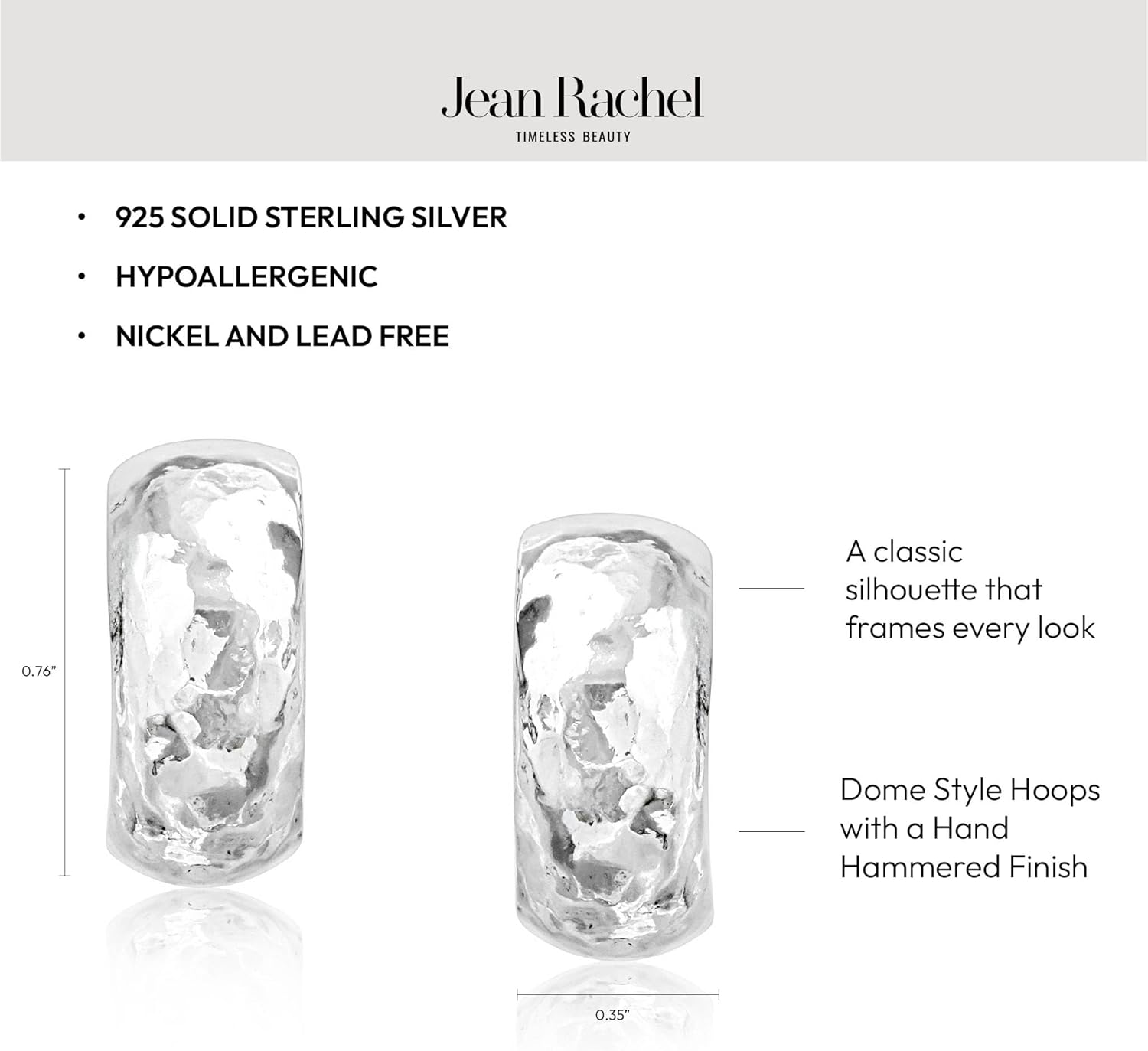 JEAN RACHEL JEWELRY 925 Sterling Silver Hoop Earrings for Women – Small Hammered Dome Hoop – Hypoallergenic, Lead & Nickel Free Chunky Hoops