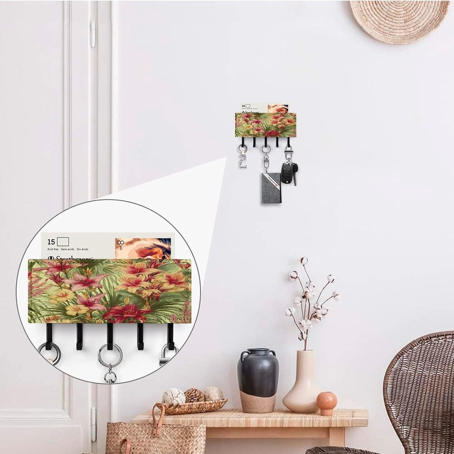 Key Holder Wall Mount Key Hanger with 5 Hooks, Decorative Key Rack | Tropical Palm Flower Hanging Key Hooks with Mail Organizer for Wall Living Room Kitchen Bathroom Hallway