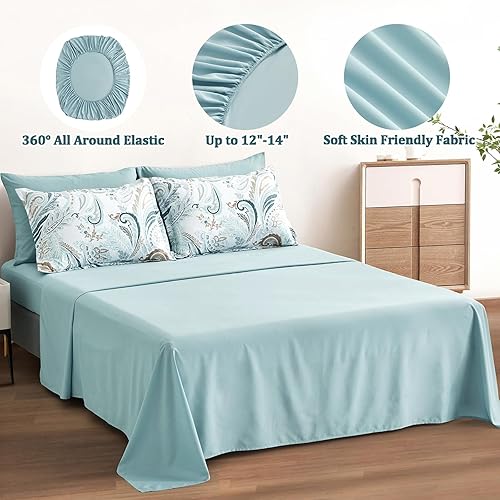 Miniatura 6 de Luxudecor Juego de edredón bohemio tamaño Queen, 8 piezas de cama en una bolsa, juego de edredón floral de cachemira azul con fundas de almohada,