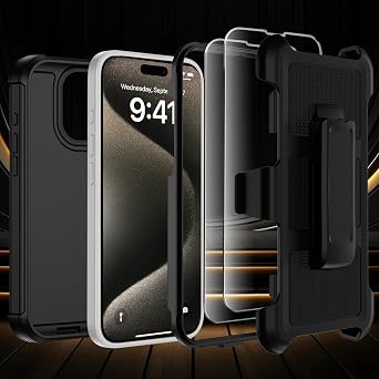 for iPhone 15 Pro Max Case with Belt Clip Holster,Anti-Drop Anti-Slip Black
