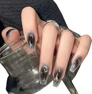 LUYING ネイルチップ つけ爪 ネイルチップ おしゃれ 黒 ロング 簡単オフネイル ビーズ コスプレネイル ネイルアート 可愛い レディース 春 夏ネイル 24枚入地雷系 韓国 量産型 おしゃれ 女性 人気プレゼント セルフネイル (星と月，接着剤+ゼリー+爪もみ+アルコール綿+オレンジの棒を含む)