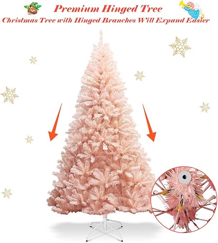 Miniatura 8 de GOFLAME Árbol de Navidad artificial rosa de 6 pies, árbol de Navidad con bisagras con 617 puntas de rama y soporte de metal, agujas de PVC de alta
