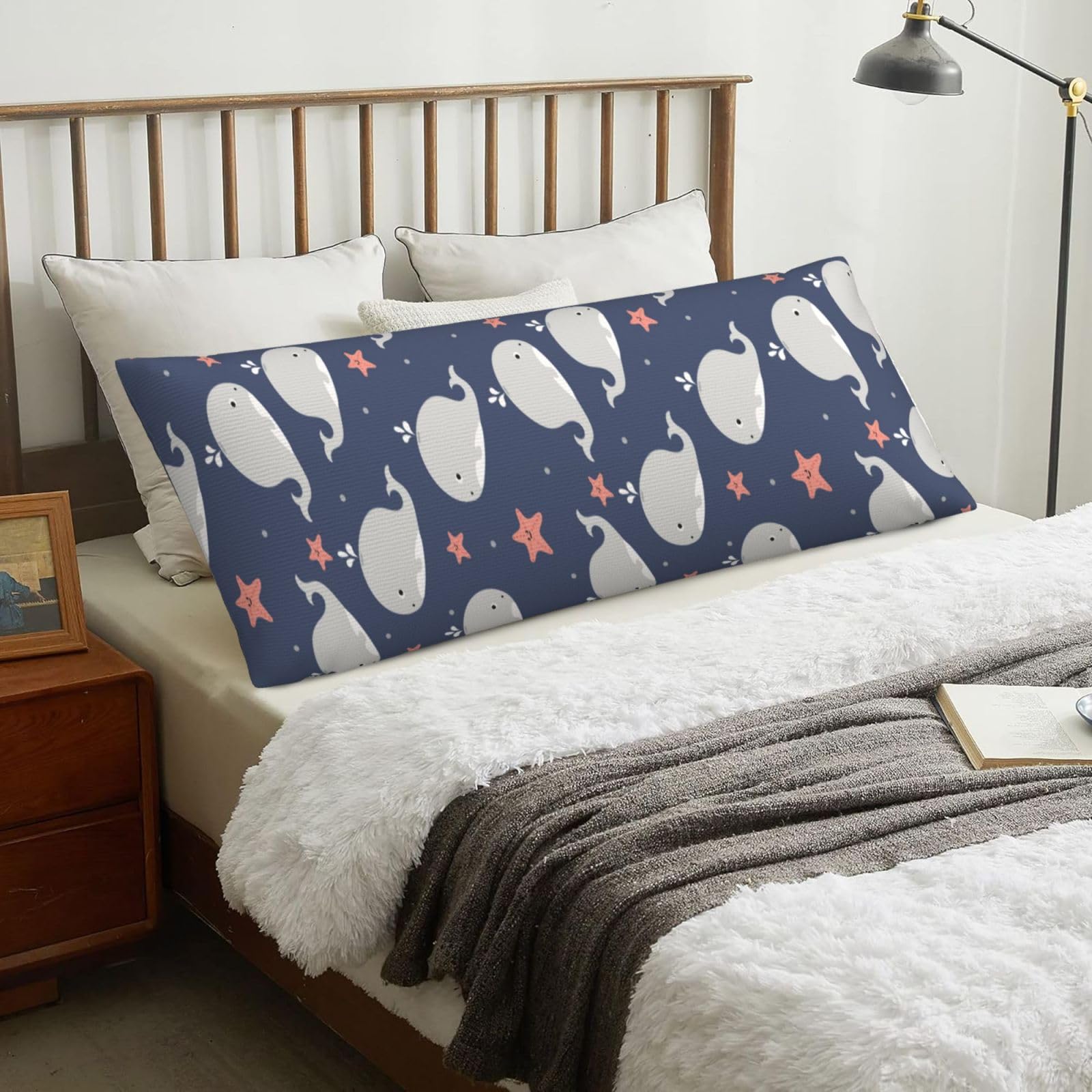 Cartoon Whale Print, Body Pillow Cover with Zipper,Long Body Pillowcase 20 x 60 in