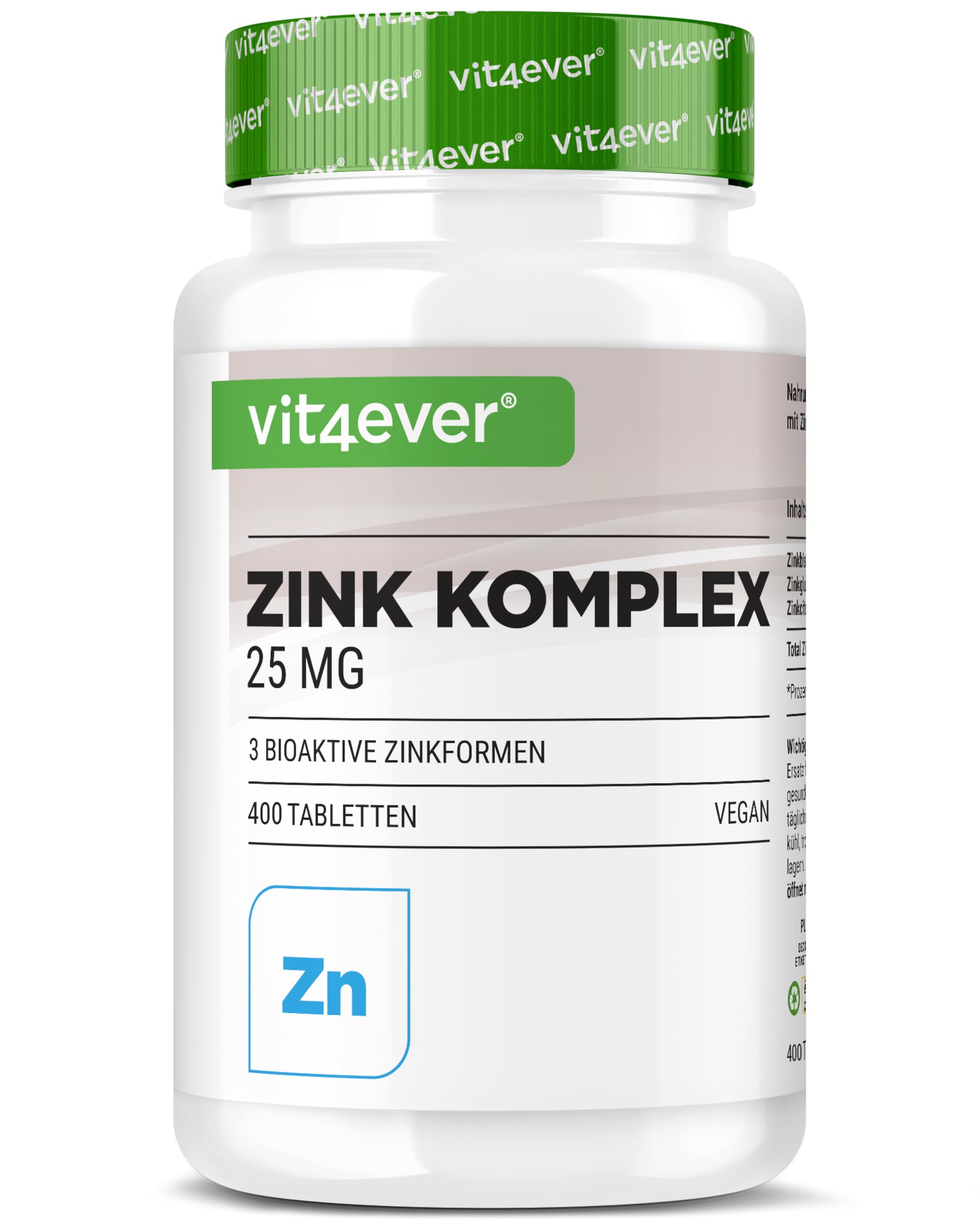 vit4ever Zink Komplex 25mg - Tabletten - Mit 3 bioaktiven Zink-Formen (Zinkbisglycinat, Zinkgluconat, Zinkcitrat)