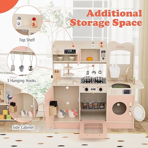 Miniatura 7 de Costzon Juego de cocina para niños, juego de madera para niños pequeños con luces y sonidos reales, grifo, horno de microondas, cafetera y tostadora