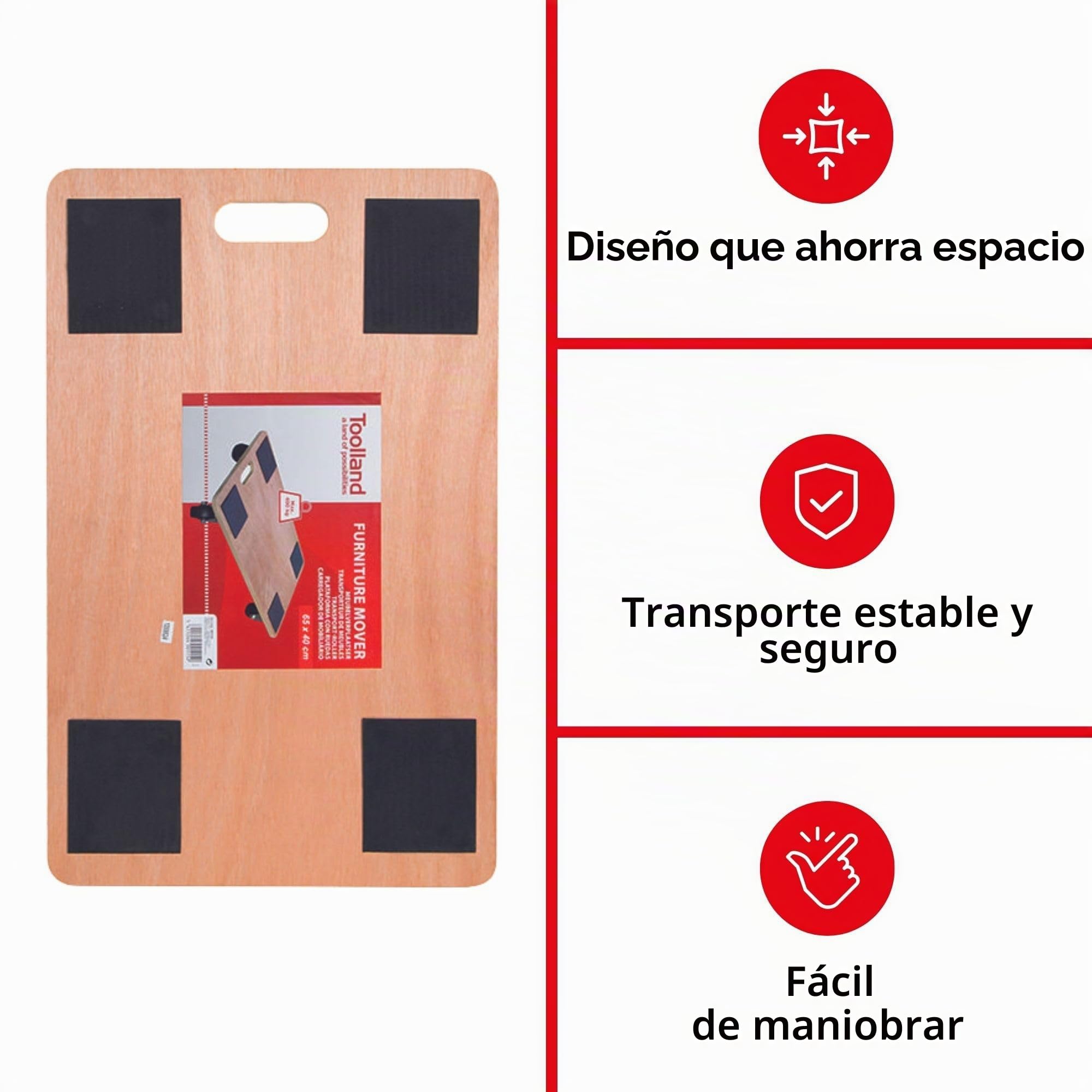 Toolland Plataforma con Ruedas para Muebles, Ayuda de Transporte 400 kg, Base de contrachapado 65 x 40 cm, Revestimiento Antideslizante, asa y 4 Ruedas giratorias de Goma, mudanzas