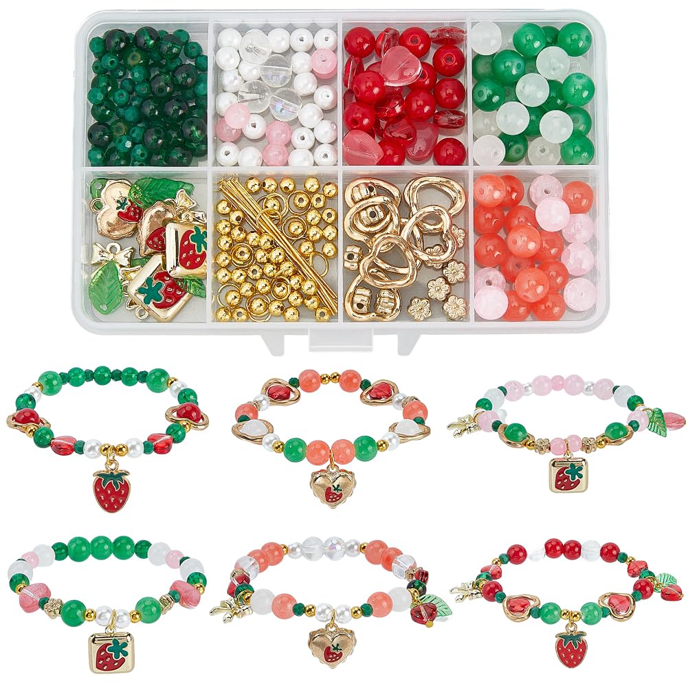 Pulseras de frutas DIY SUNNYCLUE con dijes de fresa esmaltados y cuentas, kit de 6 juegos