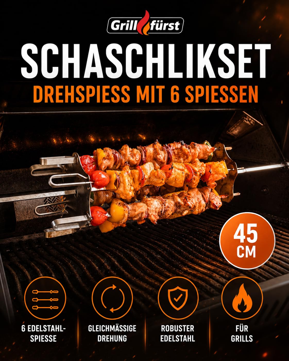 Grillfürst Juego de brochetas universales para brochetas y asadores, incluye 6 brochetas para shish kebab, giroscopios o kebab, longitud total: 45 cm