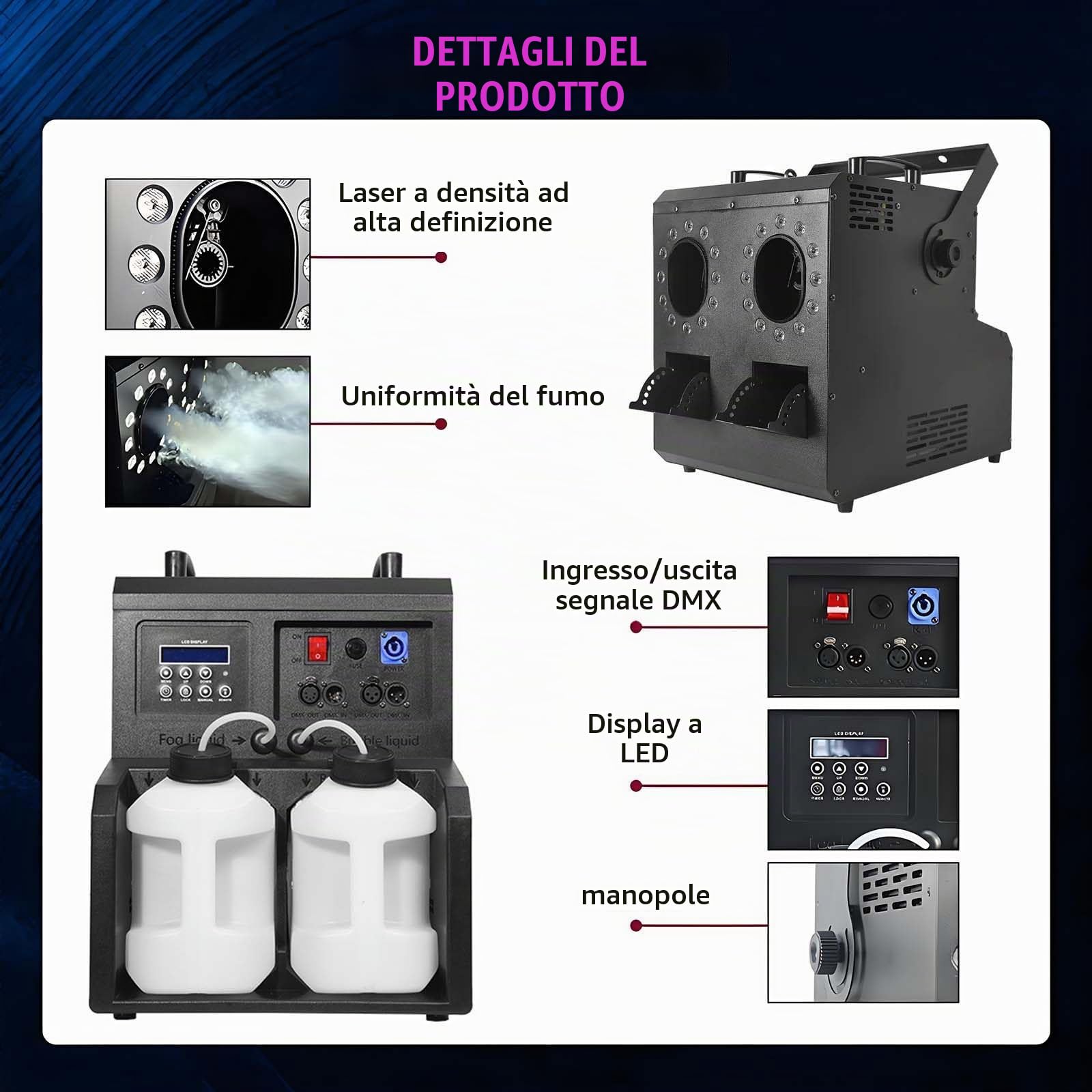 Macchina Spara Bolle di Sapone Professionale con Effetto Fumo E 24 Luci LED Rgbw, Telecomando, Timer, Controllo DM×, Pannello di Controllo LCD - Oltre 10.000 Bolle Galleggianti DualNozzle
