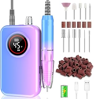 Nail Drill Professional, 45000 RPM Rechargeable Electric Nail File Kit for Acrylic & Gel Nails, Portable Manicure Pedicure Tool for DIY Home or Salon, with 11 Nail Drill Bits & Sanding Band Set
