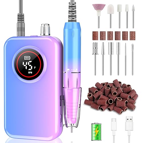 Nail Drill Professional, 45000 RPM Rechargeable Electric Nail File Kit for Acrylic & Gel Nails, Portable Manicure Pedicure Tool for DIY Home or Salon, with 11 Nail Drill Bits & Sanding Band Set