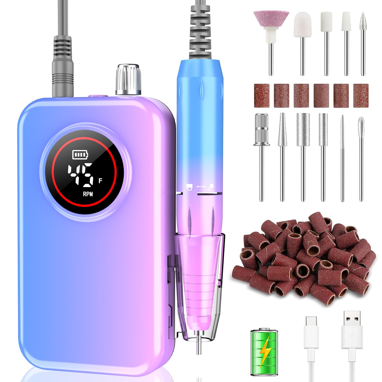 Nail Drill Professional, 45000 RPM Rechargeable Electric Nail File Kit for Acrylic & Gel Nails, Portable Manicure Pedicure Tool for DIY Home or Salon, with 11 Nail Drill Bits & Sanding Band Set