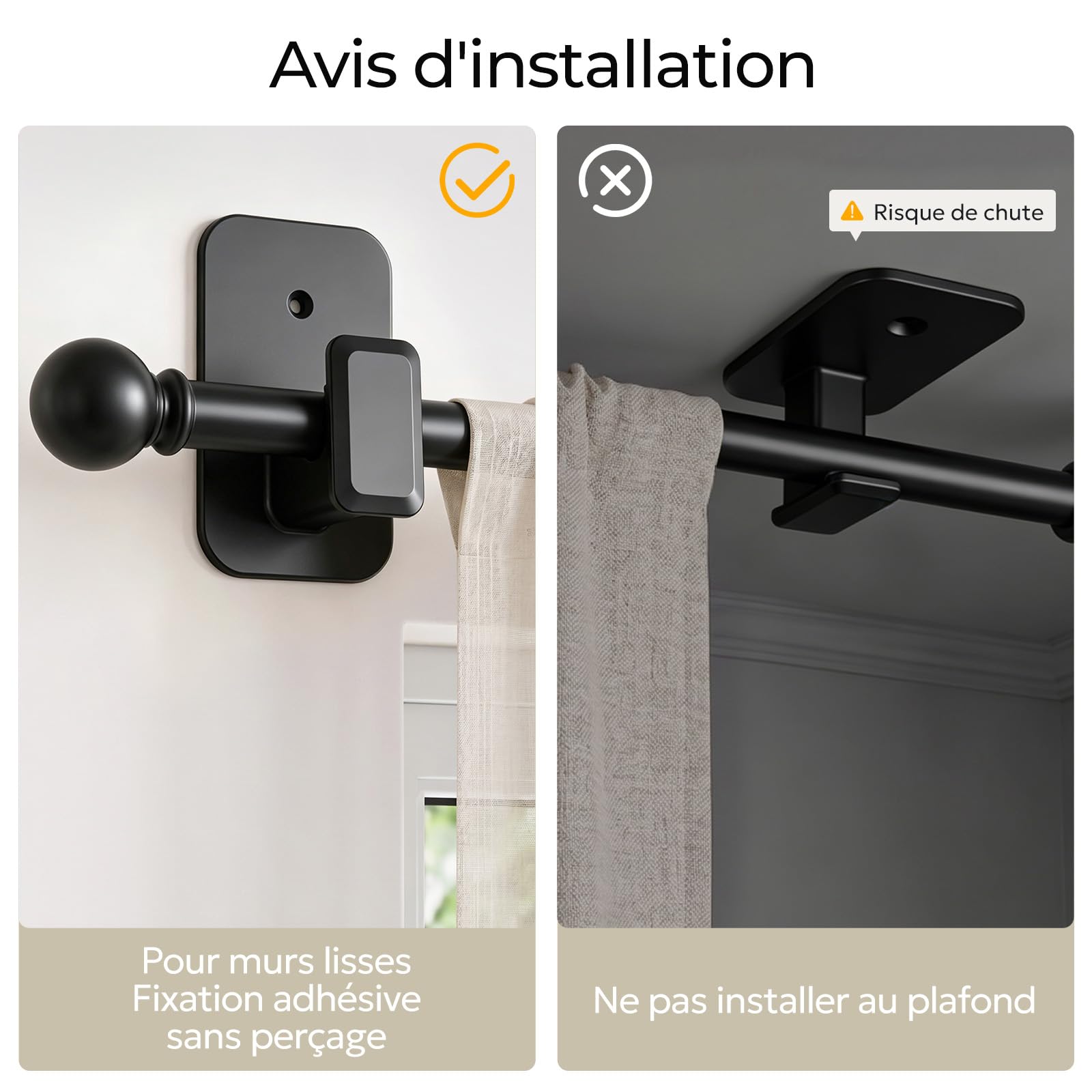Tringle à Rideaux Sans Perçage 81-218 cm, Barre Extensible Noire Diamètre 16 mm, Supports Adhésifs Sans Trous, Idéal pour Locataires et Installation Temporaire