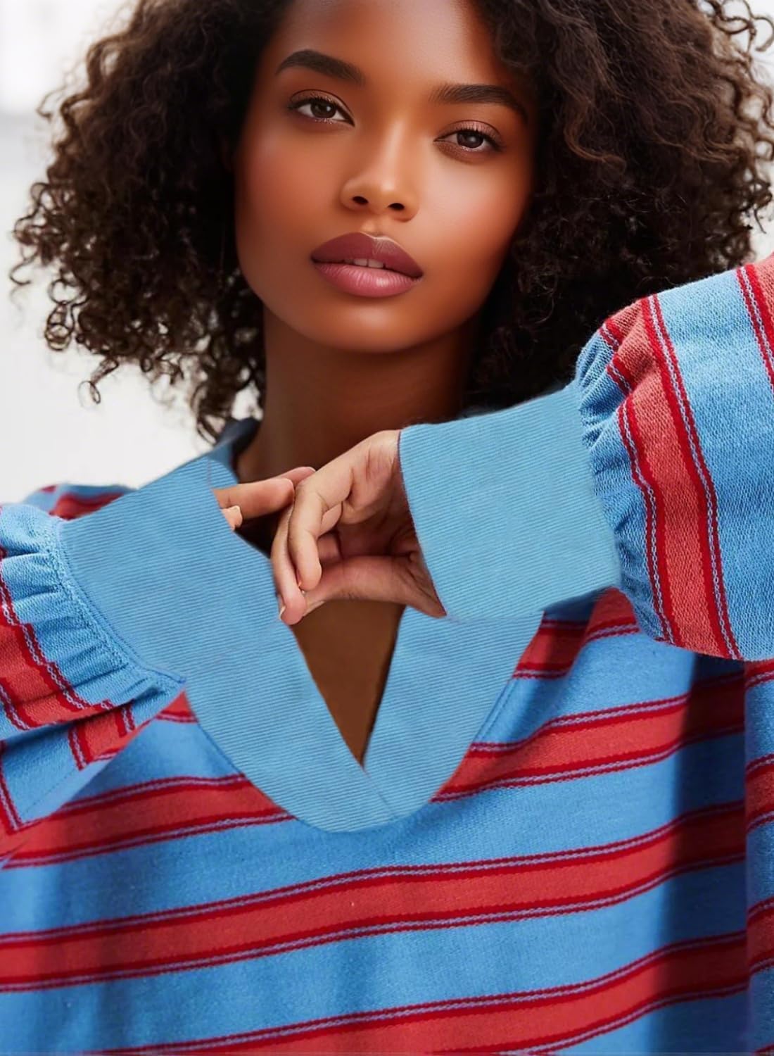 Women's Sweatshirt V Neck Long Sleeve Drop Shoulder Striped Cute Tops Pullover Sweatshirt - Image 4