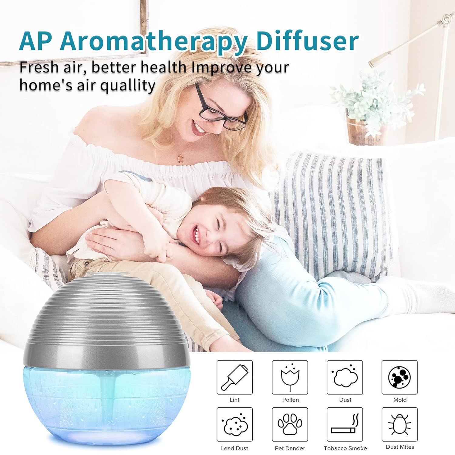 Water-Based Purifier Air Washer, Revitalizer with 6 Colorful lights- Plus Lavender, Aqua Lily, Bulgarian Rose, English Violet, Jasmine & Camellia, Water Hyacinth, 15ml Each