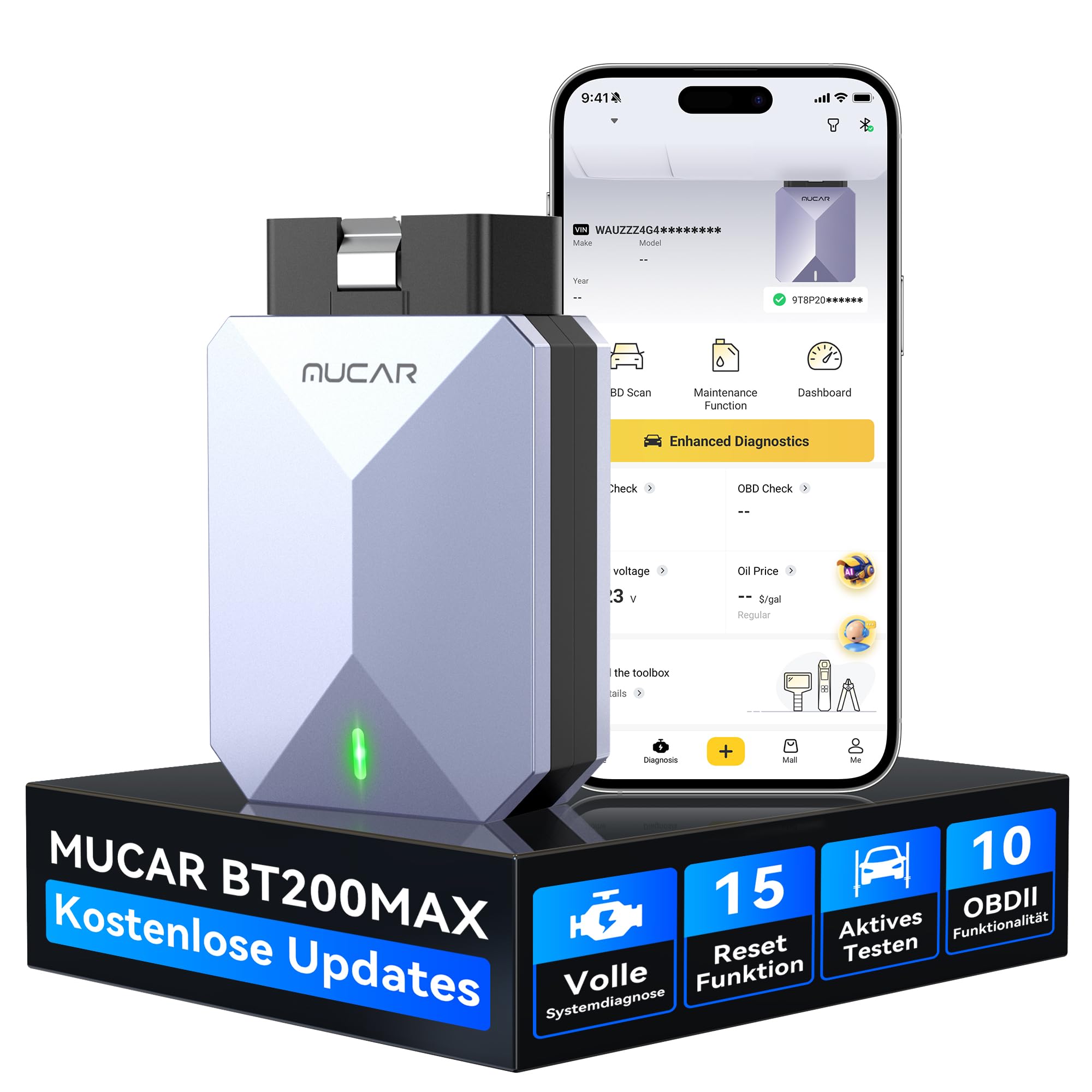 MUCAR BT200 MAX AI-Hilfsfunktion OBD2 Bluetooth Adapter, OBD2 Diagnosegerät Unterstützung ELM327, Auto Auslesegerät Mit Volle System+15 Reset, Für iOS&Android/Aktives Testen/CANFD-Kostenlose Updates