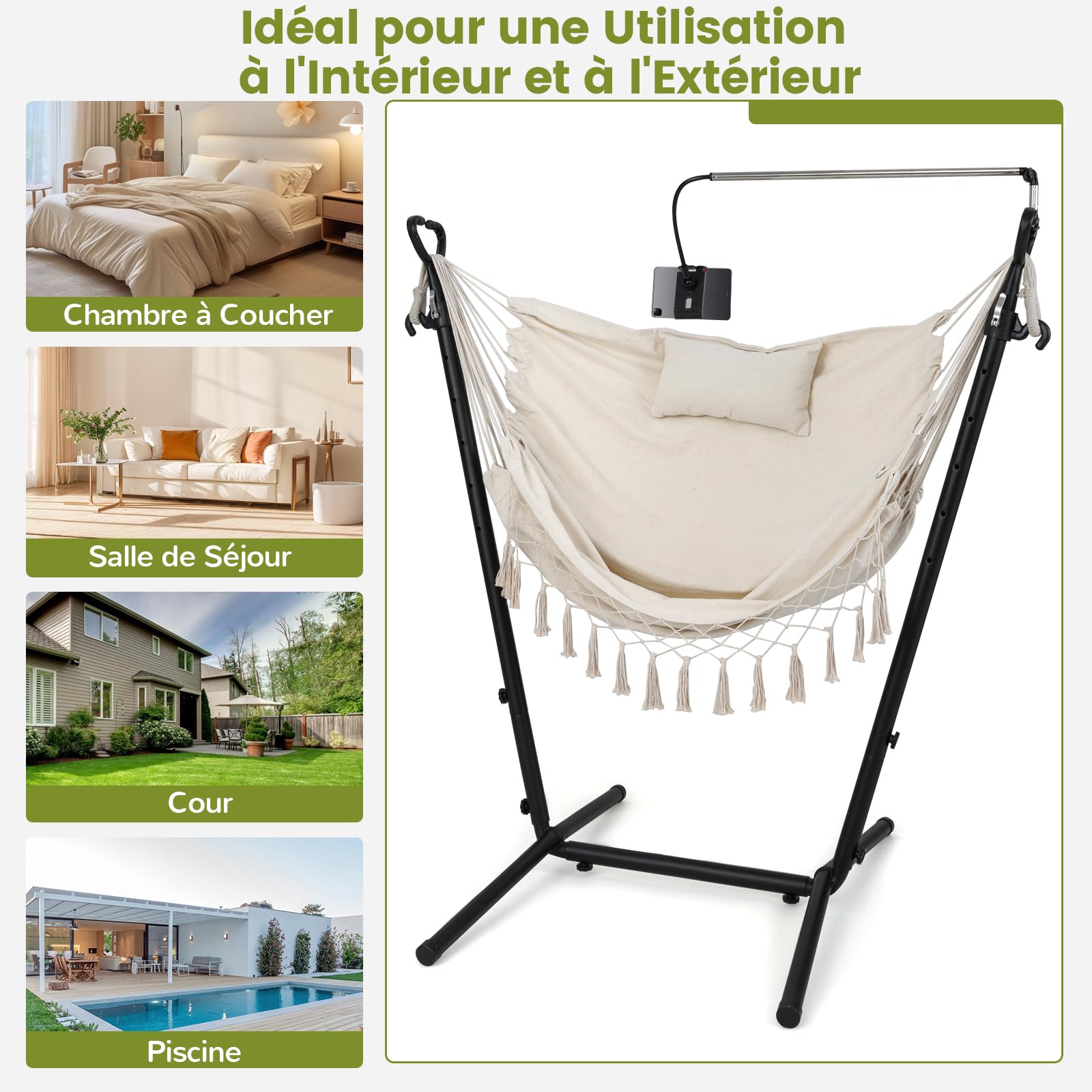 COSTWAY Hamac sur Pied avec Support en Métal, 6 Hauteurs 96-146 cm, Beige