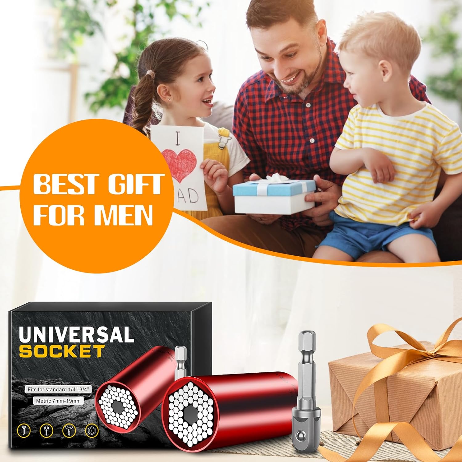 Universal Socket Tools Gifts for Men - Christmas Stocking Stuffers for Men Dad Him Husband Women Cool Stuff Ideas Gadgets Birthday Gifts for Dad Grip Socket Set with Power Drill Adapter (7-19mm) Red