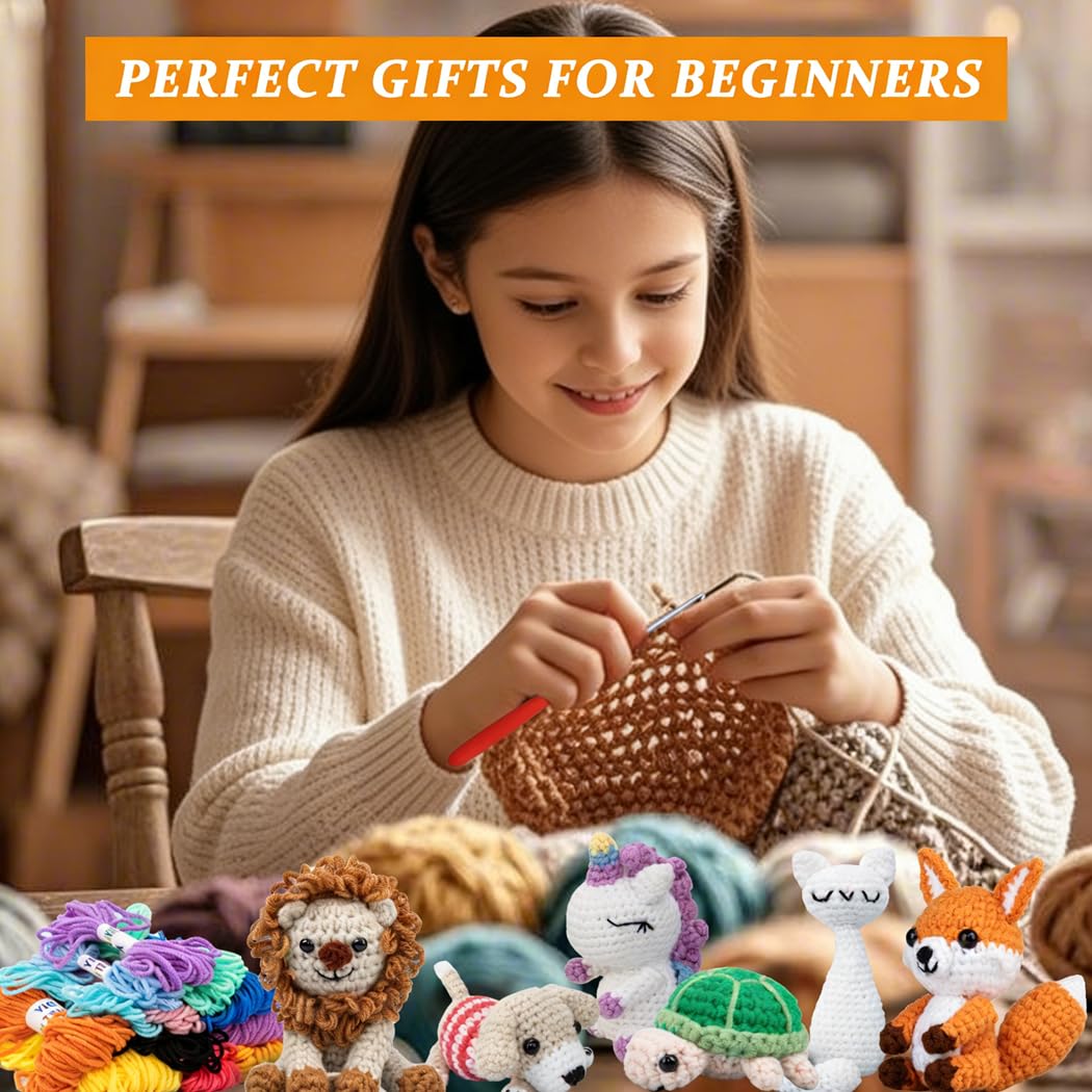 Kit de ganchillo para principiantes, kit de 6 piezas de animales de ganchillo, kit para principiantes con videos paso a paso, hilo, gancho de ganchillo, gran regalo de cumpleaños y vacaciones (kit de