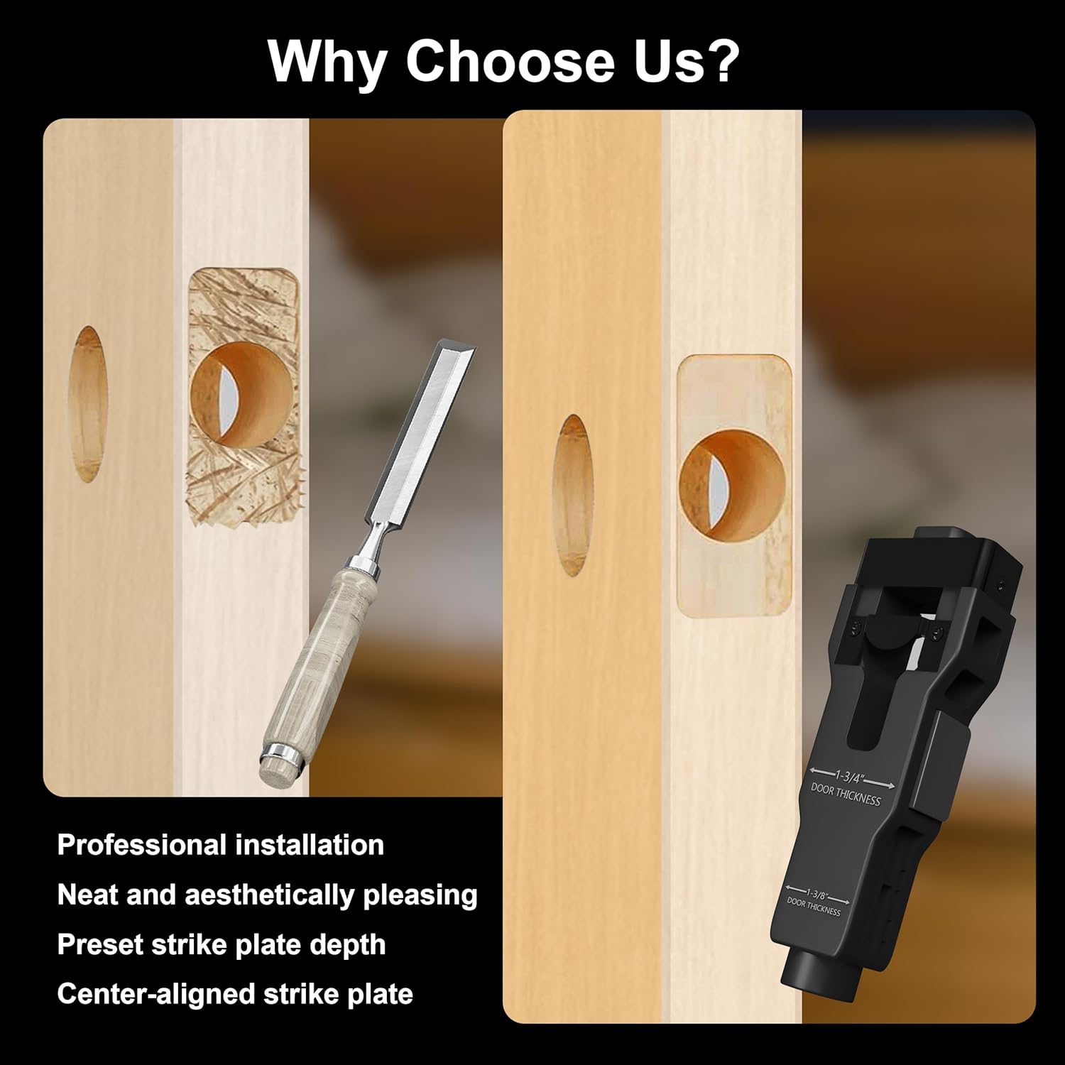 Door Latch Mortise Tool, Precision Scoring and Chiseling, Vertical Calibration Plate, Installation Kit for 1-3/8" or 1-3/4" Wooden Door, Black