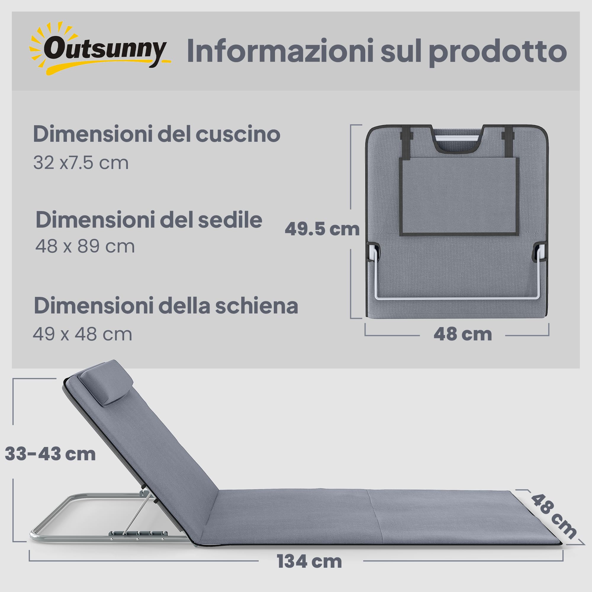 Outsunny Sdraio da Spiaggia Pieghevole 2 Pezzi con Schienale Regolabile, Acciaio e PE, 134x48x33-43 cm, Grigio