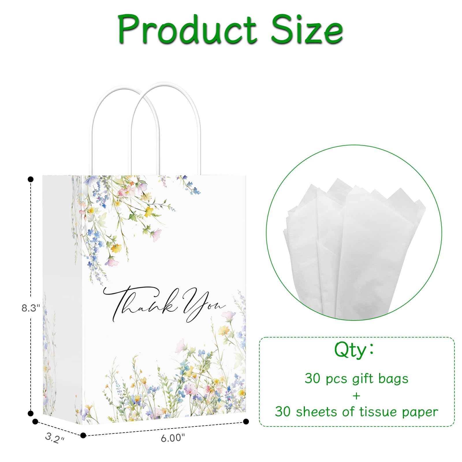 QIELSER 30 sacchetti regalo di ringraziamento in carta velina con motivo floreale ad acquerello con manico per compleanno, baby shower, addio al nubilato, matrimoni, tutte le occasioni, 21,1 x 15,2 x