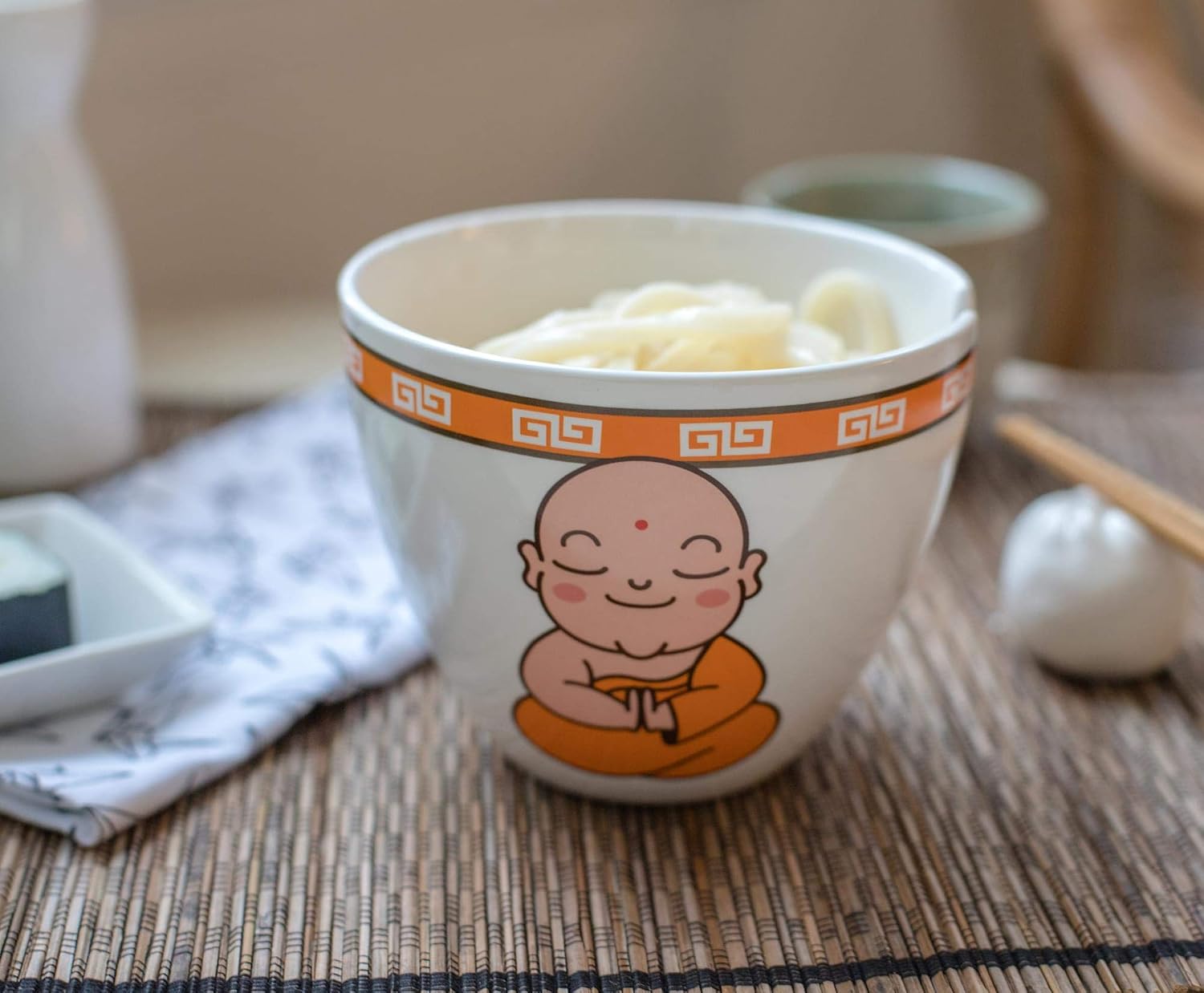 Toynk Hungry Buddha Nom Nom Nom Ceramic Ramen Bowl and Chopsticks Set | 16-Ounce Japanese Soup Bowl, Dinnerware Set | Asian-Inspired Noodle Bowl for Ramen, Soup, & More | Gift for Ramen Lovers