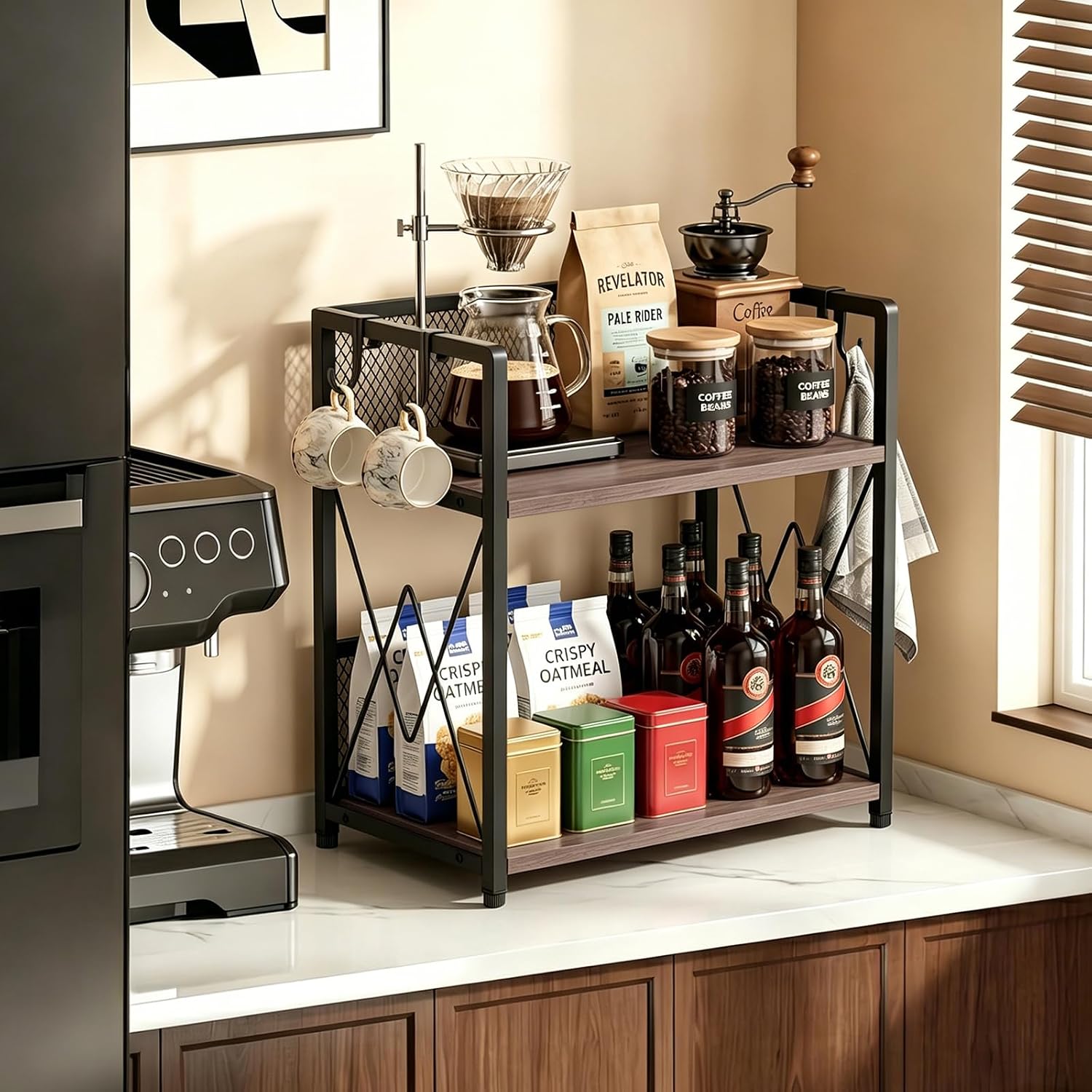 Coffee Bar Organizer, Kitchen Counter Organizer, Wood Coffee Bar Shelf