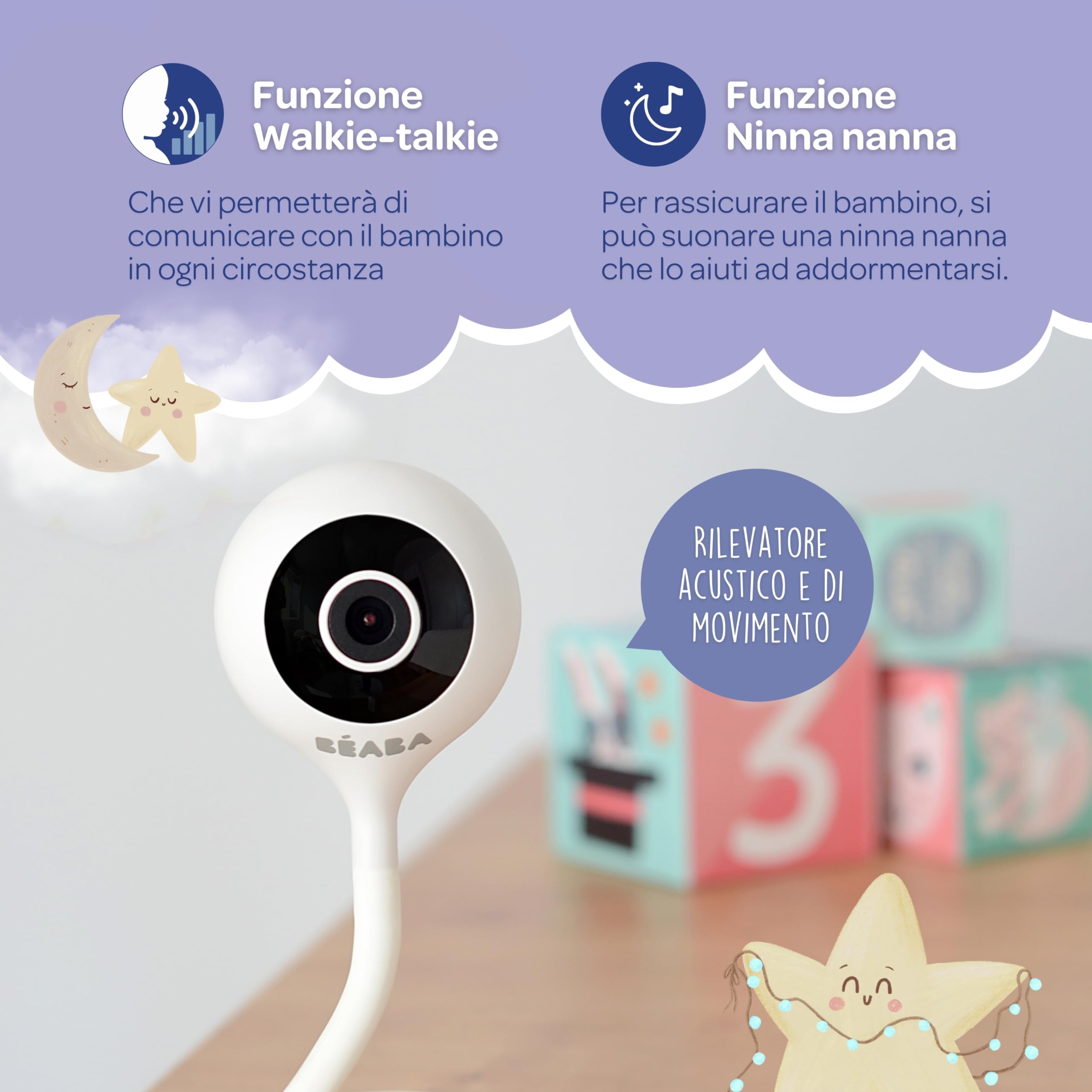 BÉABA - Babyphone Zen Connect, Baby Monitor, Videocamera Full HD 1090p, Walkie-Talkie, Portata Elevata, Connessione Smartphone e Wi-Fi, Ninnananna, Asta Flessibile, Bianco