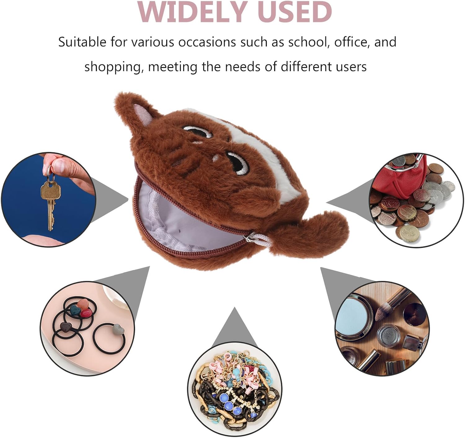 Plush Cat Coin Purse and Makeup Bag Large Capacity Cute Cartoon Keychain Wallet with Card Holder and Lipstick Storage Brown White