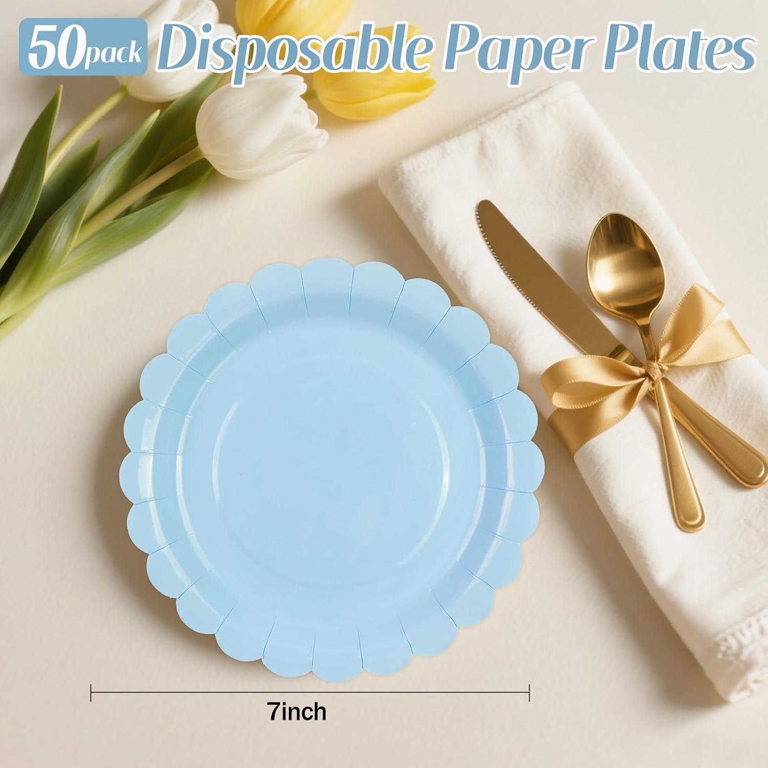 50 Pcs Blue Paper Plates 7 Inch, Scalloped Paper Plates Disposable Cake Dessert Dinner Plate for Birthday Baby Shower Wedding Party Decorative Supplies (Blue, 7 INCH) (Pack of 4) image 2