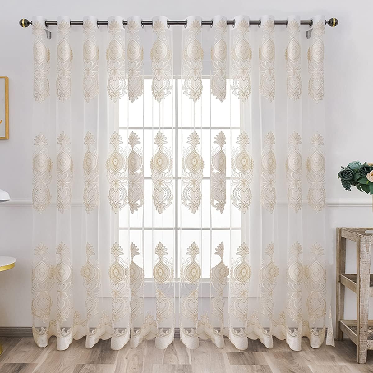 Luxury Flower Embroidered Sheer Voile Curtain Panels – Light Filtering Tulle For Living Room, Multicolor