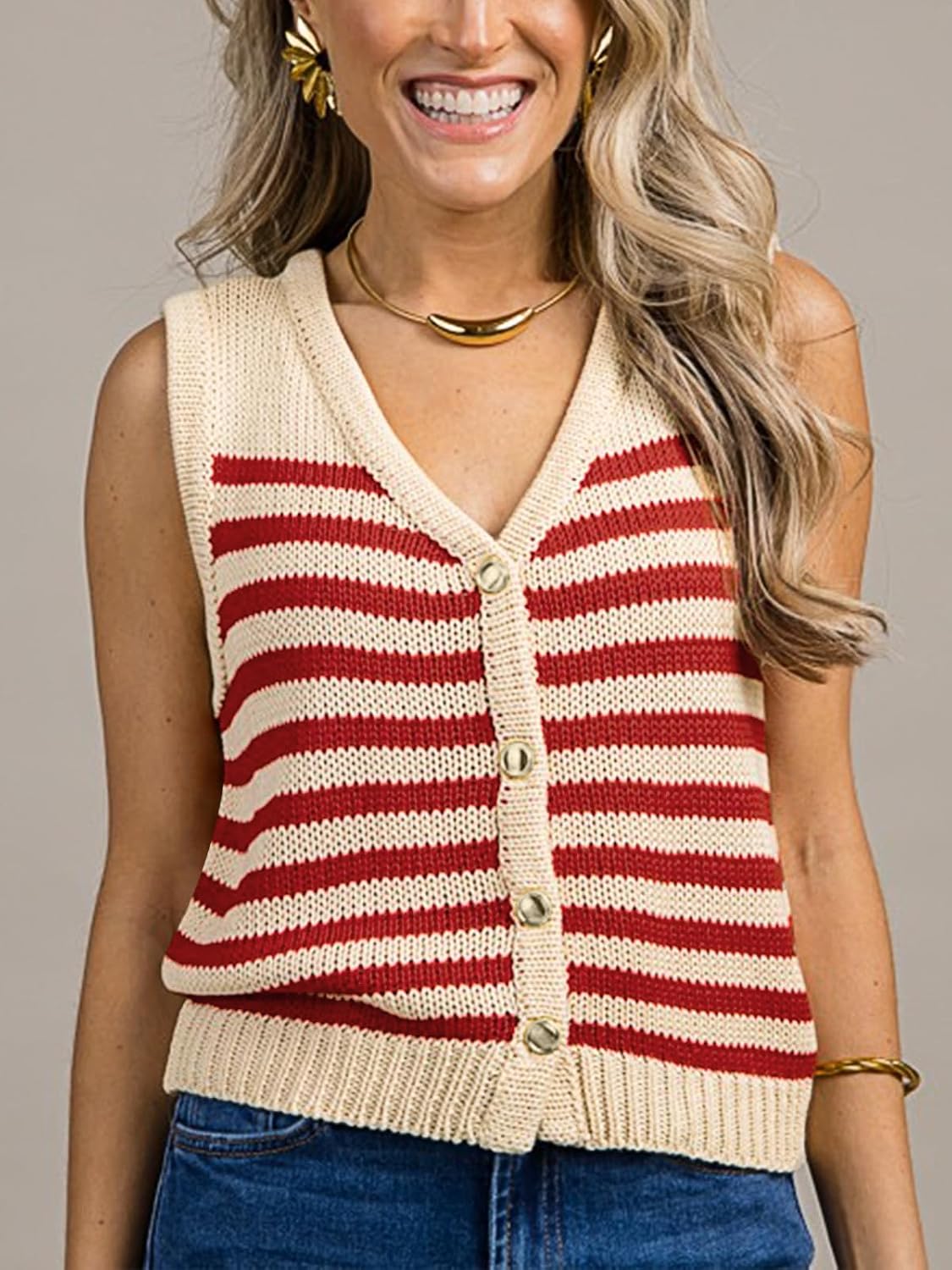 Womens Striped Sweater Vest Sleeveless Ribbed Tank Tops Color Block 2026 Trendy Button Down Shirts