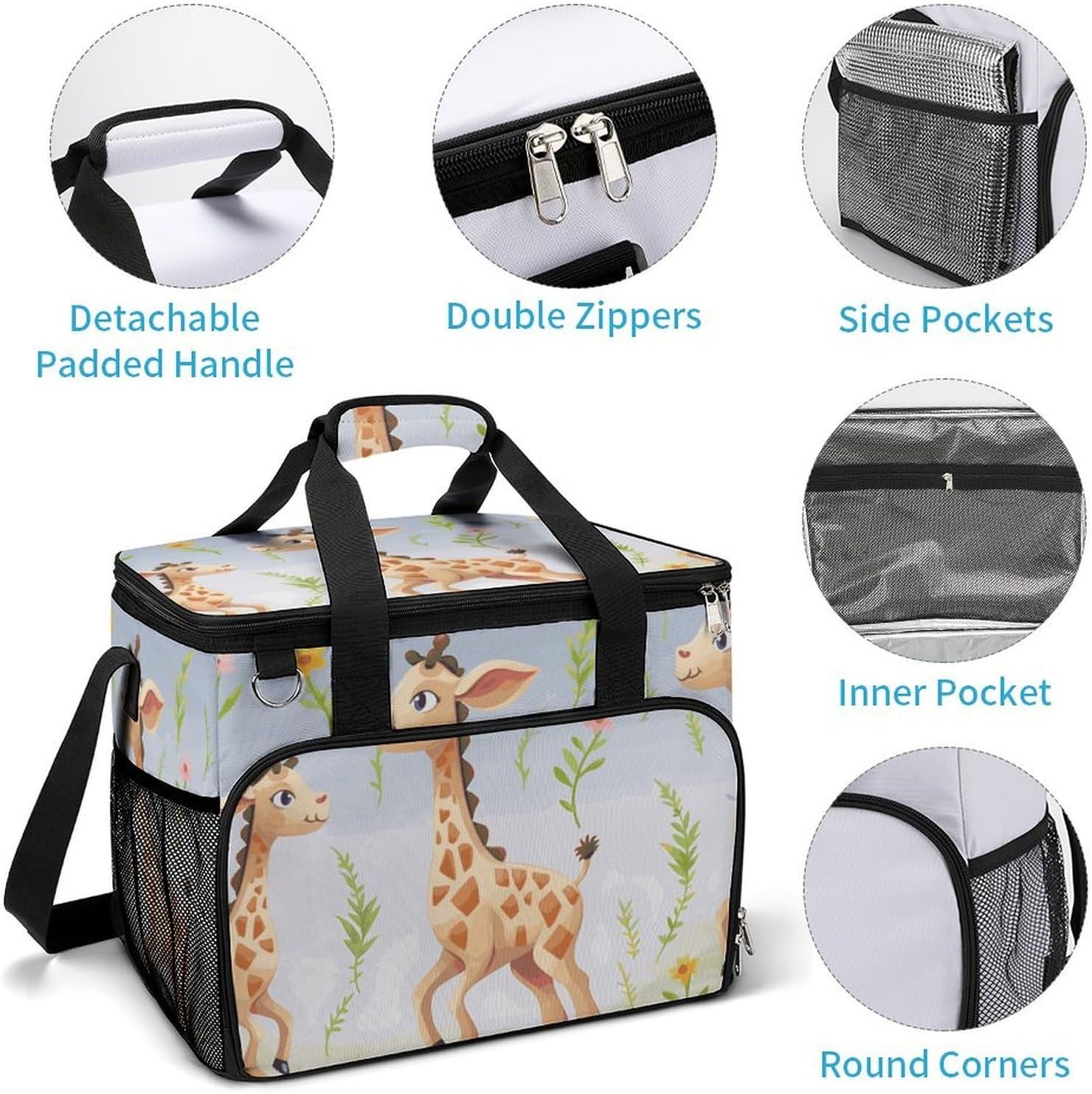 Insulated Picnic Backpack Tote Bag, Large Capacity 30L Cute Giraffe Cooler Bag Leakproof Beach Bags Portable Lunch Box Waterproof Picnic Basket for Beach Camping BBQ