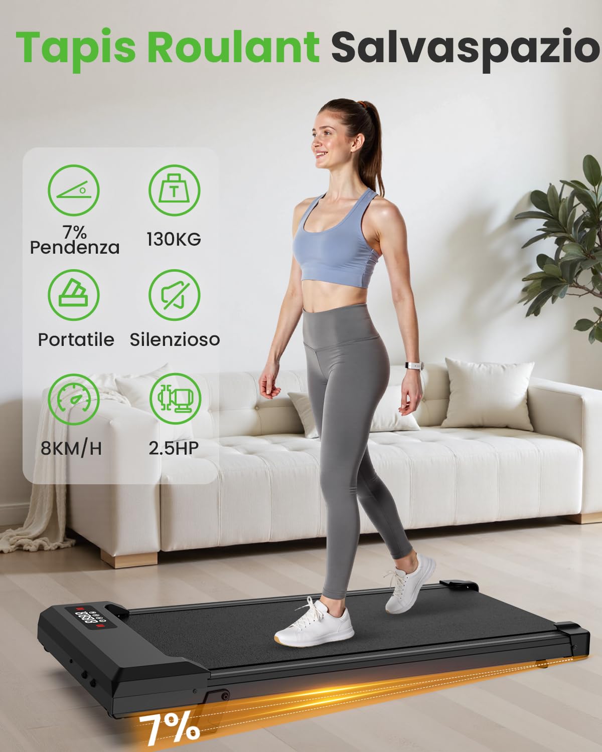 Tapis Roulant Elettrico Pieghevole Salvaspazio, Velocità Regolabile 1-8Km/H, Walking Pad 2.5HP, Nessuna installazione richiesta, Salvaspazio, Telecomando (​​Cintura di corsa 85 cm​​)